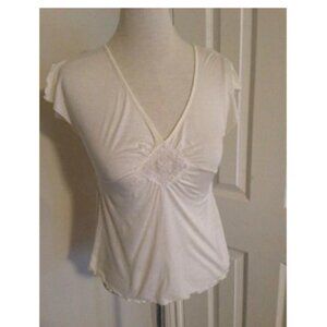 DKNY Jeans Women's Petites Size L Ivory Shirt Short Sleeve Top V-neck Smocked